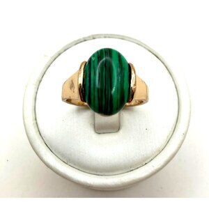 Vintage Style Gold Tone Ring Green Striped Cabochon Stone Statement Ring Size 10